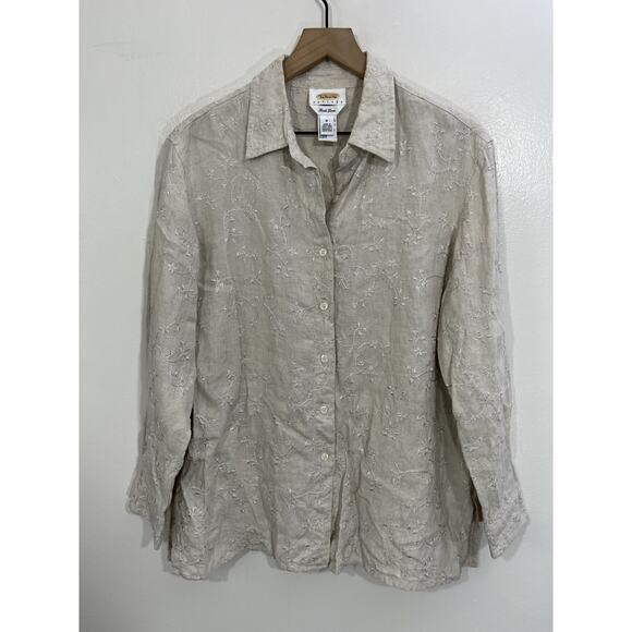 Vtg Irish Linen Button Up Top PM Embroidery Floral Cottage Boho Lagom Minimalist - Picture 1 of 13